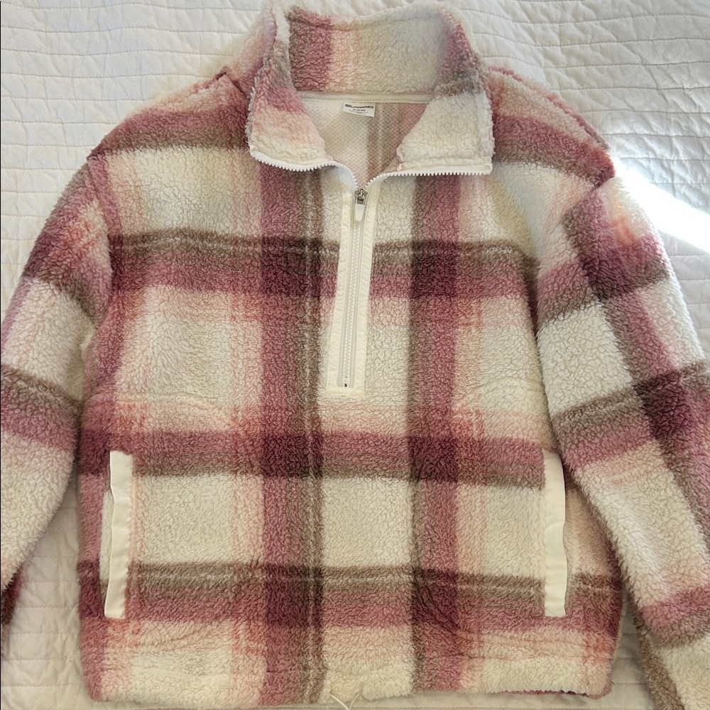 No Boundaries Pink and Cream Plaid Sherpa Hoodie